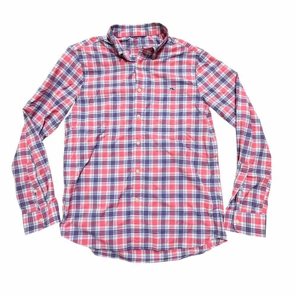 Vineyard Vines Shirt Mens Small Pink Plaid OTG Performance Long Sleeve Button Up